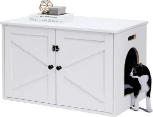 Cat Litter Box Enclosure, Litter Box Furniture Hidden with Removable Divider, Wooden Cat Washroom Furniture, Indoor Cat House, White