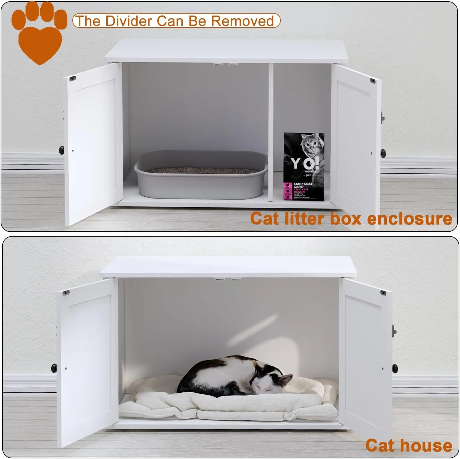 Cat Litter Box Enclosure, Litter Box Furniture Hidden with Removable Divider, Wooden Cat Washroom Furniture, Indoor Cat House, White