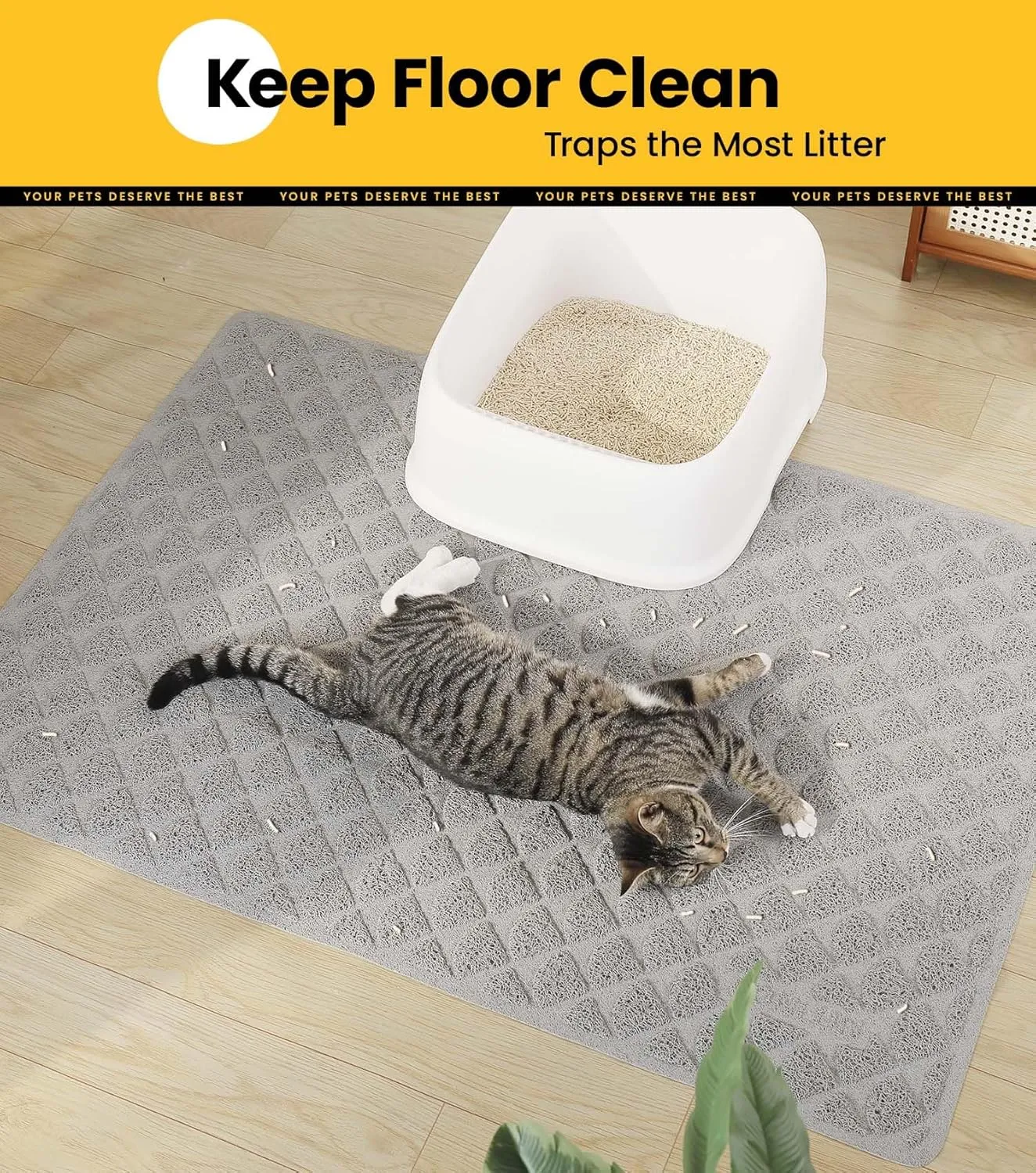 Cat Litter Mat Litter Trapping Mat, 47 x 35 Premium Durable PVC Cat Litter Box Mat with Scatter Control, Non-Slip, Less Waste Kitty Litter Mat, Soft on Kittys Paws, Urine Waterproof, Grey