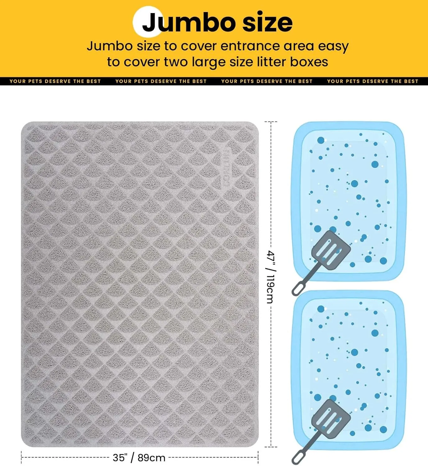 Cat Litter Mat Litter Trapping Mat, 47 x 35 Premium Durable PVC Cat Litter Box Mat with Scatter Control, Non-Slip, Less Waste Kitty Litter Mat, Soft on Kittys Paws, Urine Waterproof, Grey