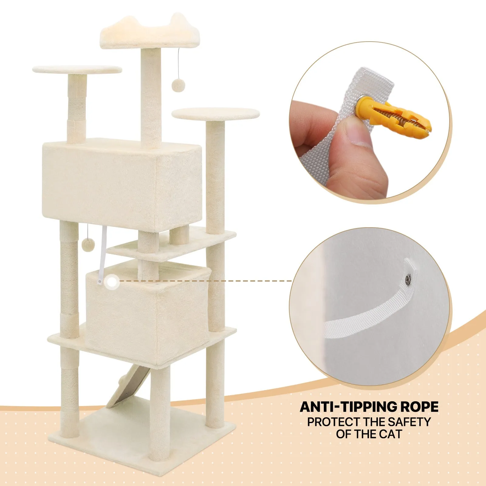 Cat Tree - 70'' Height - w/Anti-Tipping Rope, Fabric Scratching Post