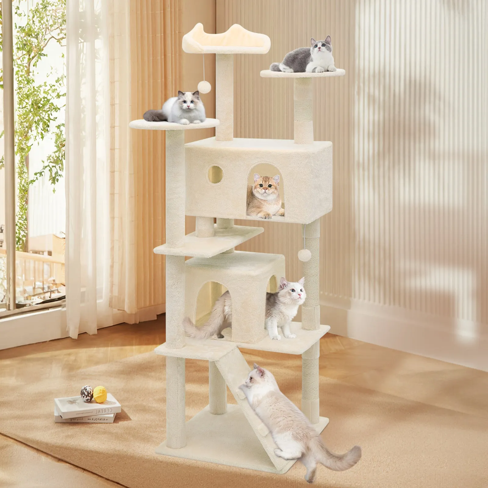 Cat Tree - 70'' Height - w/Anti-Tipping Rope, Fabric Scratching Post