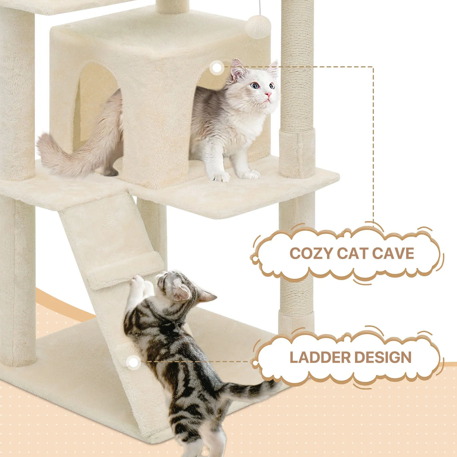 Cat Tree - 70'' Height - w/Anti-Tipping Rope, Fabric Scratching Post