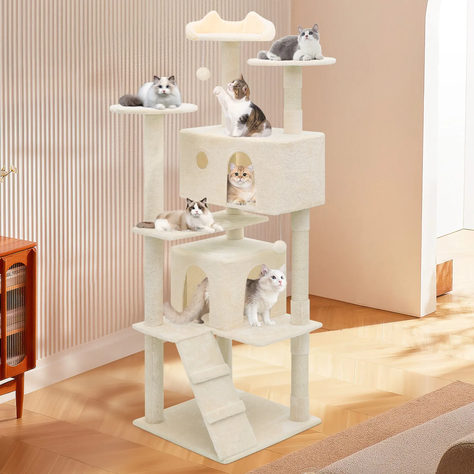 Cat Tree - 70'' Height - w/Anti-Tipping Rope, Fabric Scratching Post