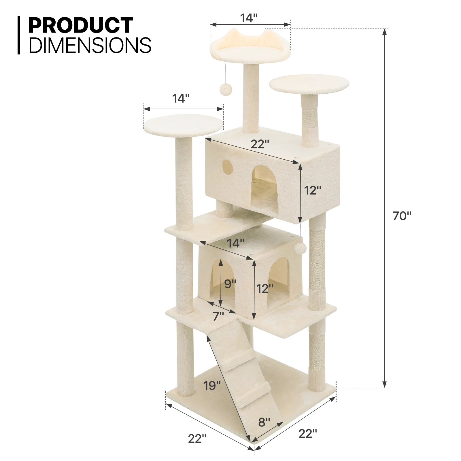 Cat Tree - 70'' Height - w/Anti-Tipping Rope, Fabric Scratching Post