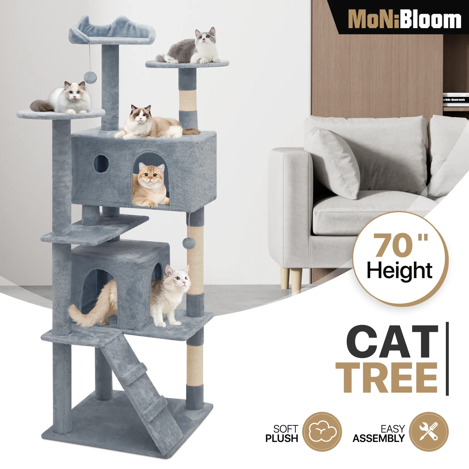 Cat Tree - 70'' Height - w/Anti-Tipping Rope, Fabric Scratching Post