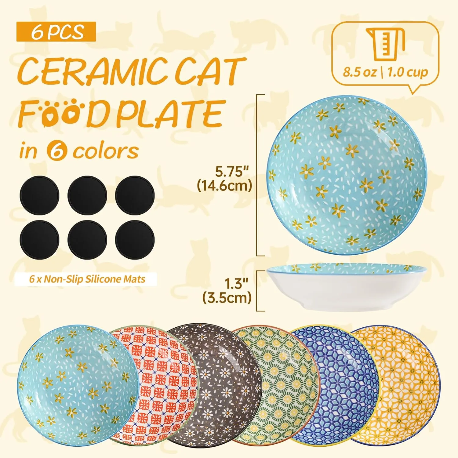 Ceramic Cat Bowls Cat Dishes - Floral Series Colorful Cat Bowl Set of 6 - Cat Feeding Bowls with Non Slip Mat - 5.75" Shallow Wide Cat Food Plate Whisker Friendly - Microwave Dishwasher Safe - 8.5 oz
