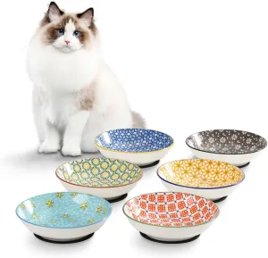Ceramic Cat Bowls Cat Dishes - Floral Series Colorful Cat Bowl Set of 6 - Cat Feeding Bowls with Non Slip Mat - 5.75" Shallow Wide Cat Food Plate Whisker Friendly - Microwave Dishwasher Safe - 8.5 oz
