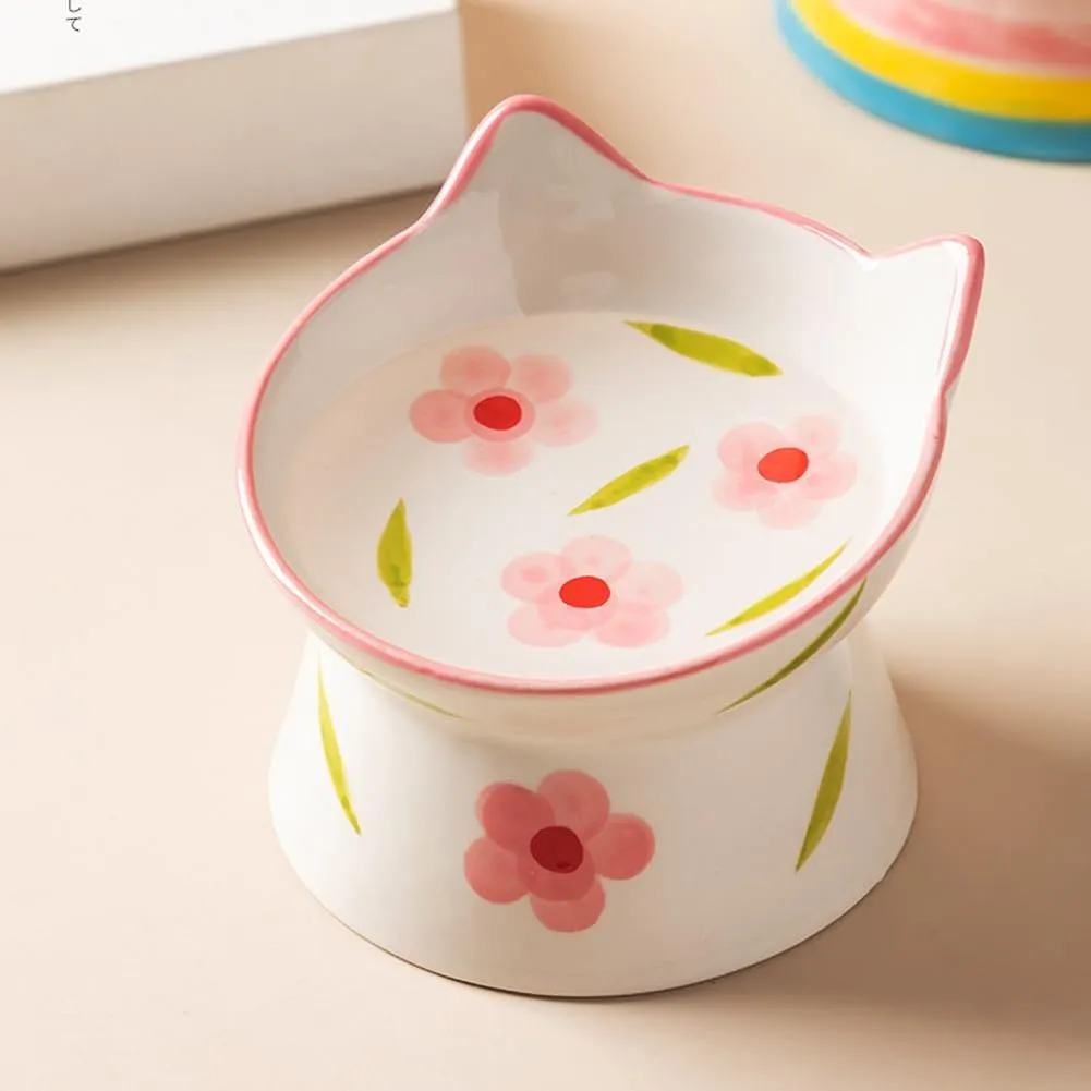 Ceramic Raised Cat Bowls, Anti Vomiting and Protect Pets' Spines for Indoor Cats Whisker Friendly Pet Feeder for Cats Puppies (Pink)