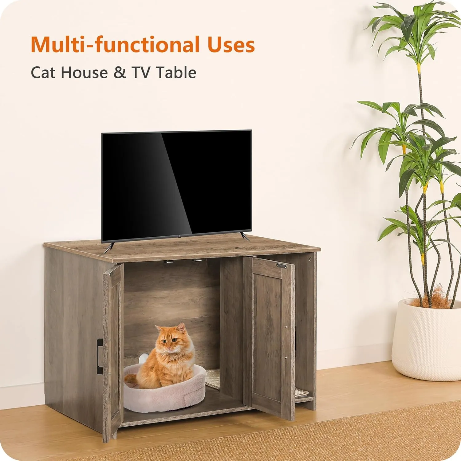 Dwanton Litter Box Enclosure, Cat Litter Box Furniture Hidden, with Scratching Mat, Wooden Cat Washroom Indoor, 31.5" L x 19.7" W x 21.7" H, Greige