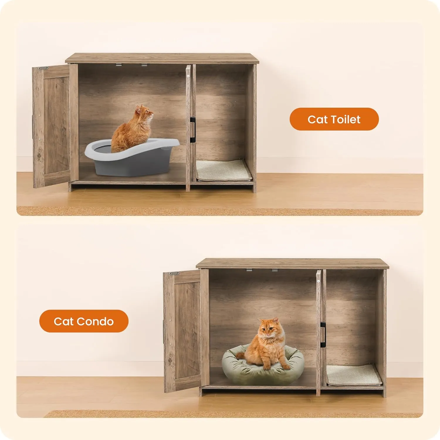 Dwanton Litter Box Enclosure, Cat Litter Box Furniture Hidden, with Scratching Mat, Wooden Cat Washroom Indoor, 31.5" L x 19.7" W x 21.7" H, Greige