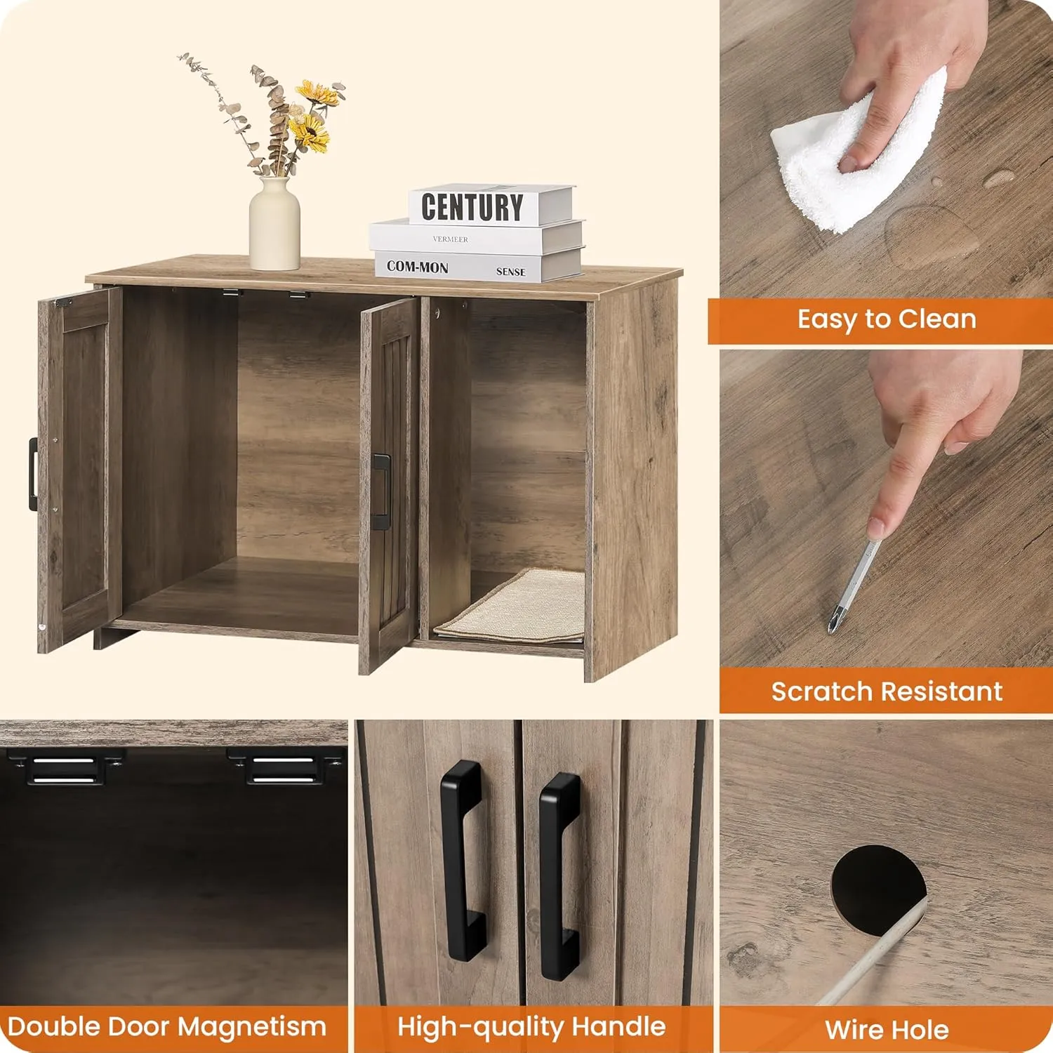 Dwanton Litter Box Enclosure, Cat Litter Box Furniture Hidden, with Scratching Mat, Wooden Cat Washroom Indoor, 31.5" L x 19.7" W x 21.7" H, Greige