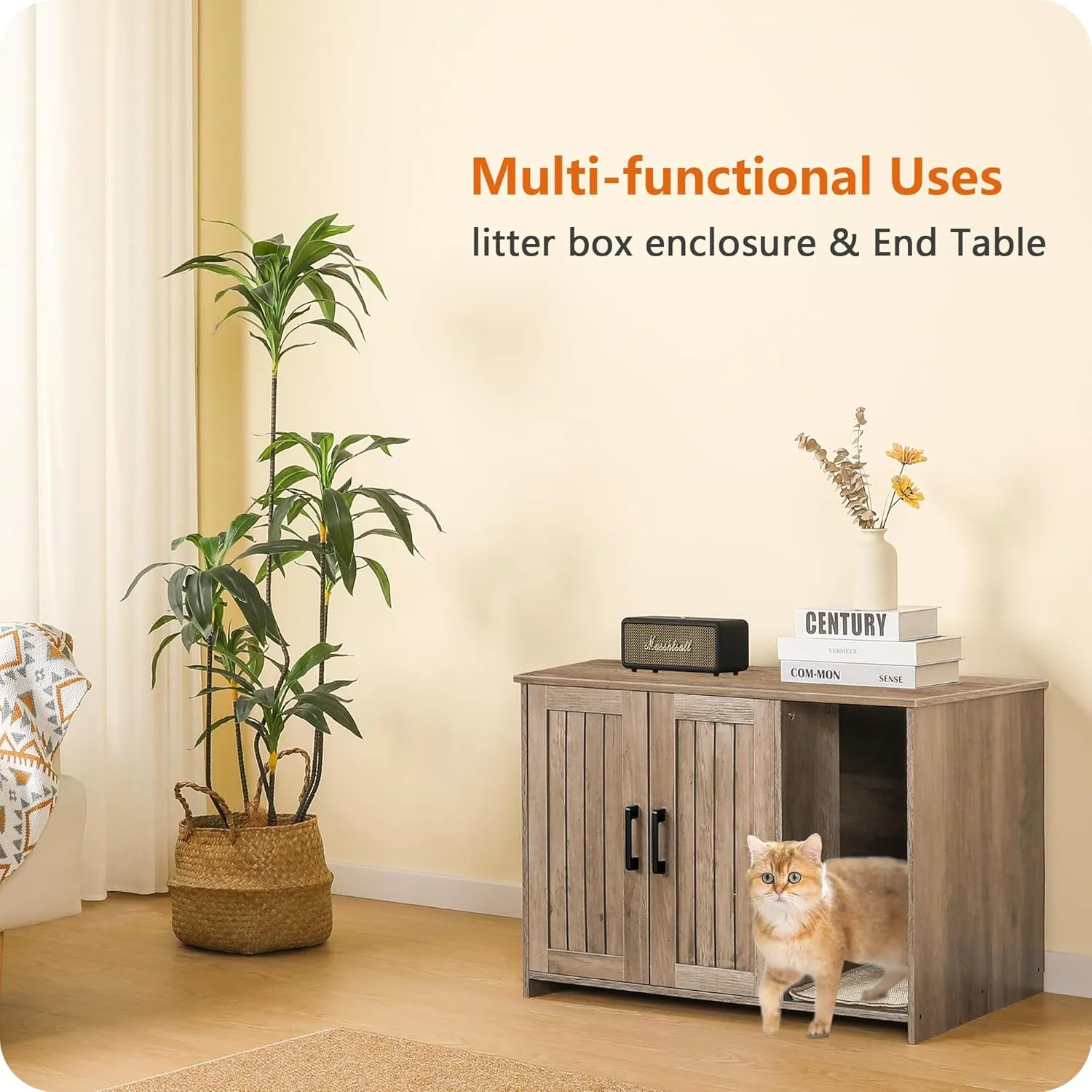 Dwanton Litter Box Enclosure, Cat Litter Box Furniture Hidden, with Scratching Mat, Wooden Cat Washroom Indoor, 31.5" L x 19.7" W x 21.7" H, Greige