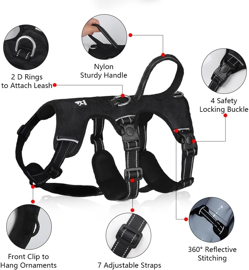 FEimaX Dog Harness No Pull Soft Padded Dog Vest with 3 Leash Clips and Easy Control Handle Reflective Adjustable No Choke Pet Harnesses for Medium and Large Dogs Training Walking (Black, Large)