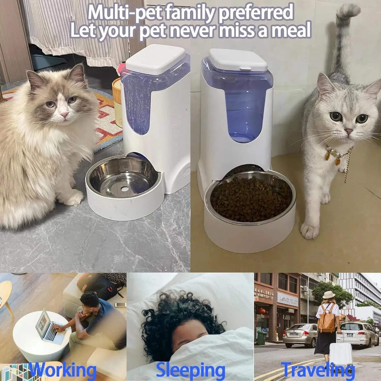 Hamiledyi Pets Automatic Gravity Feeder Dogs 2.8L Food & 4L Water Dispenser Set with Stainless Steel Bowl for Medium Big Dog Cat (White)