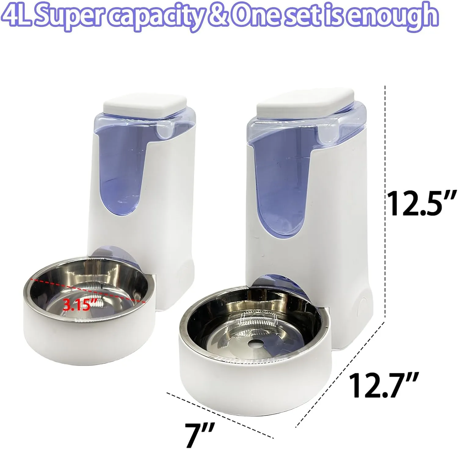 Hamiledyi Pets Automatic Gravity Feeder Dogs 2.8L Food & 4L Water Dispenser Set with Stainless Steel Bowl for Medium Big Dog Cat (White)