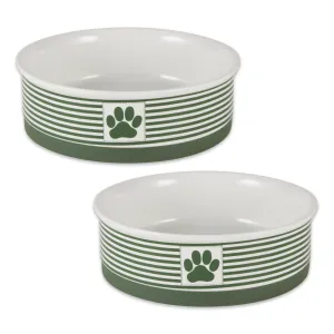 Hunter Green Striped Paw Patch Pet Bowl Set of 2, Large 3.75 C. Capacity