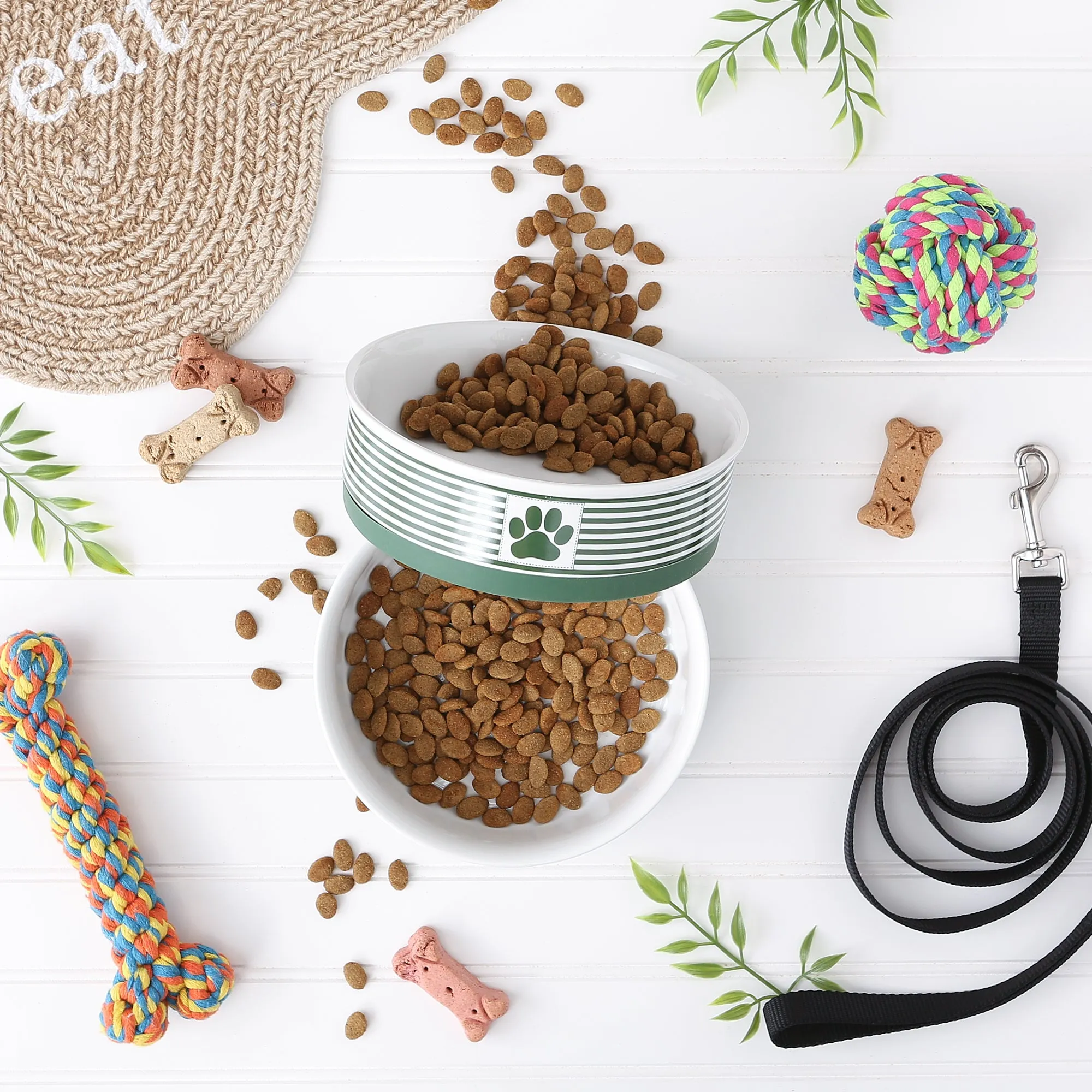 Hunter Green Striped Paw Patch Pet Bowl Set of 2, Large 3.75 C. Capacity