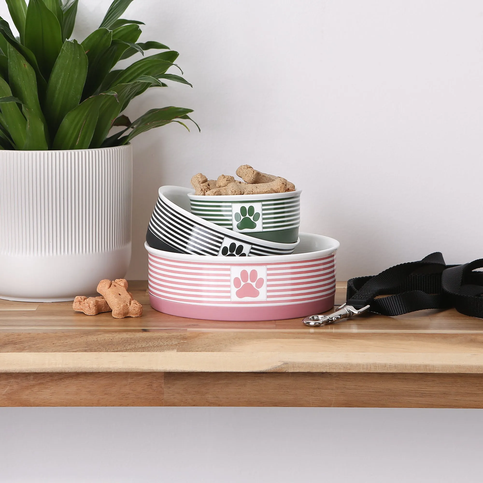 Hunter Green Striped Paw Patch Pet Bowl Set of 2, Large 3.75 C. Capacity