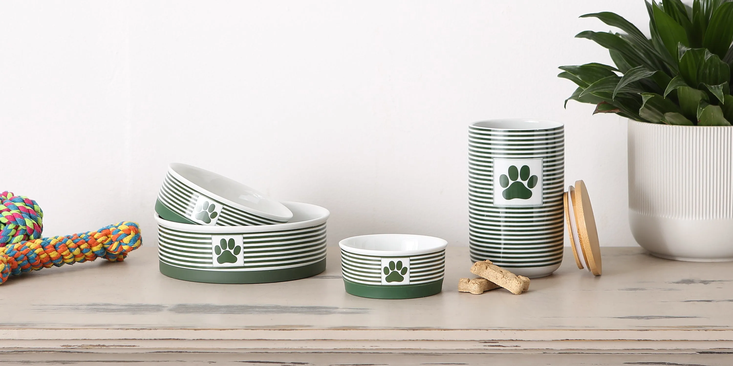 Hunter Green Striped Paw Patch Pet Bowl Set/2, Small - 3/4 C Capacity