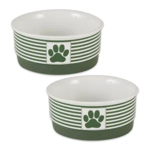 Hunter Green Striped Paw Patch Pet Bowl Set/2, Small - 3/4 C Capacity
