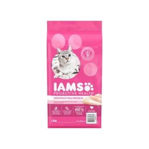 IAMS PROACTIVE HEALTH Adult Sensitive Digestion & Skin Dry Cat Food with Turkey, 1.36 kg
