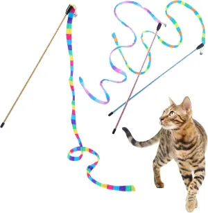 Interactive Cat Rainbow Wand Toys Colorful Cats Teaser Wand String Rainbow Color Interactive Cat Toys Cats Stick Toy with Bells for Indoor Kitten and Kittens - 3 Packs