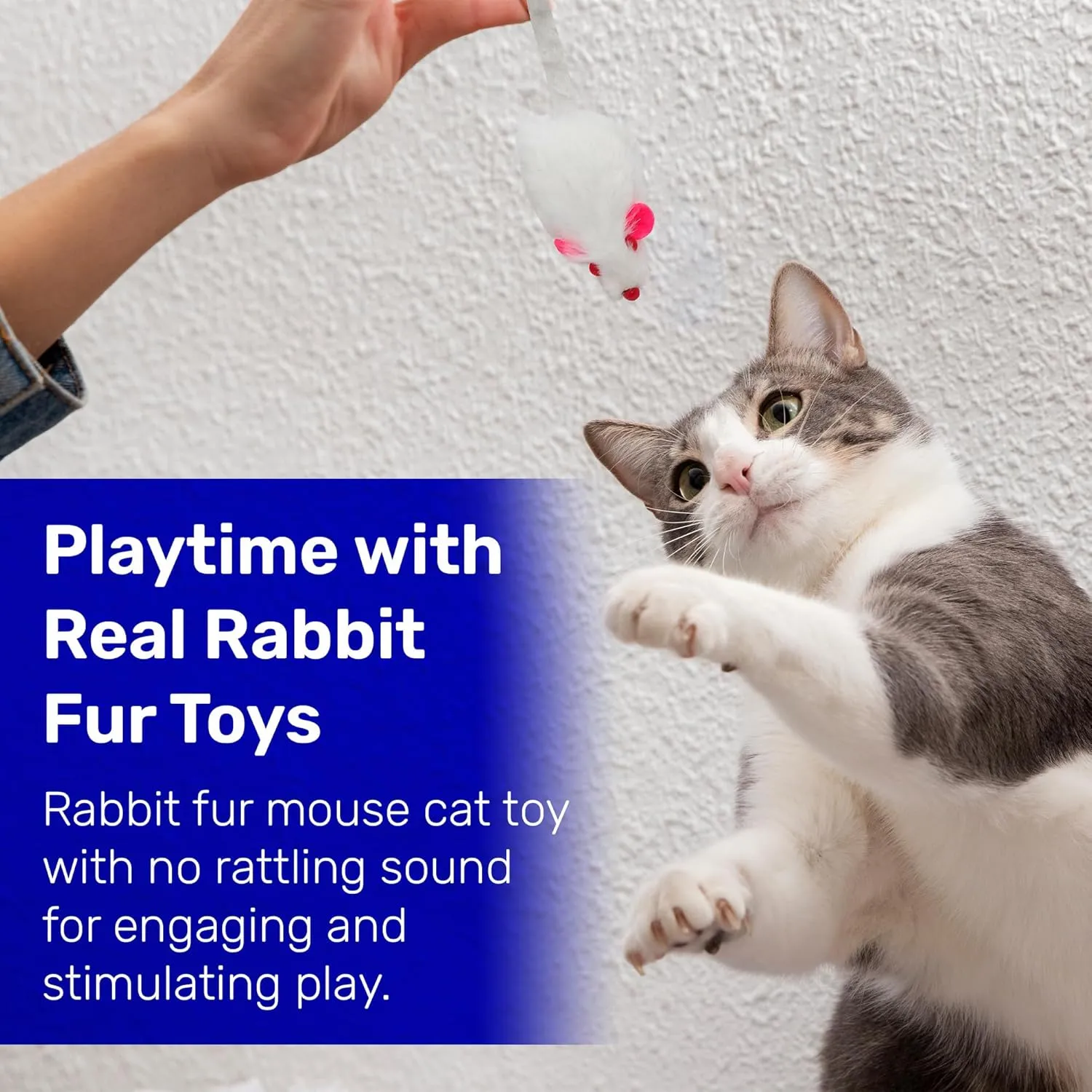 Kats'N Us Real Rabbit Fur White Mouse Cat Toy - NO Rattle Sound - Interactive Cat Toys, Real Fur Mice, 10 Pack White, NO Rattle