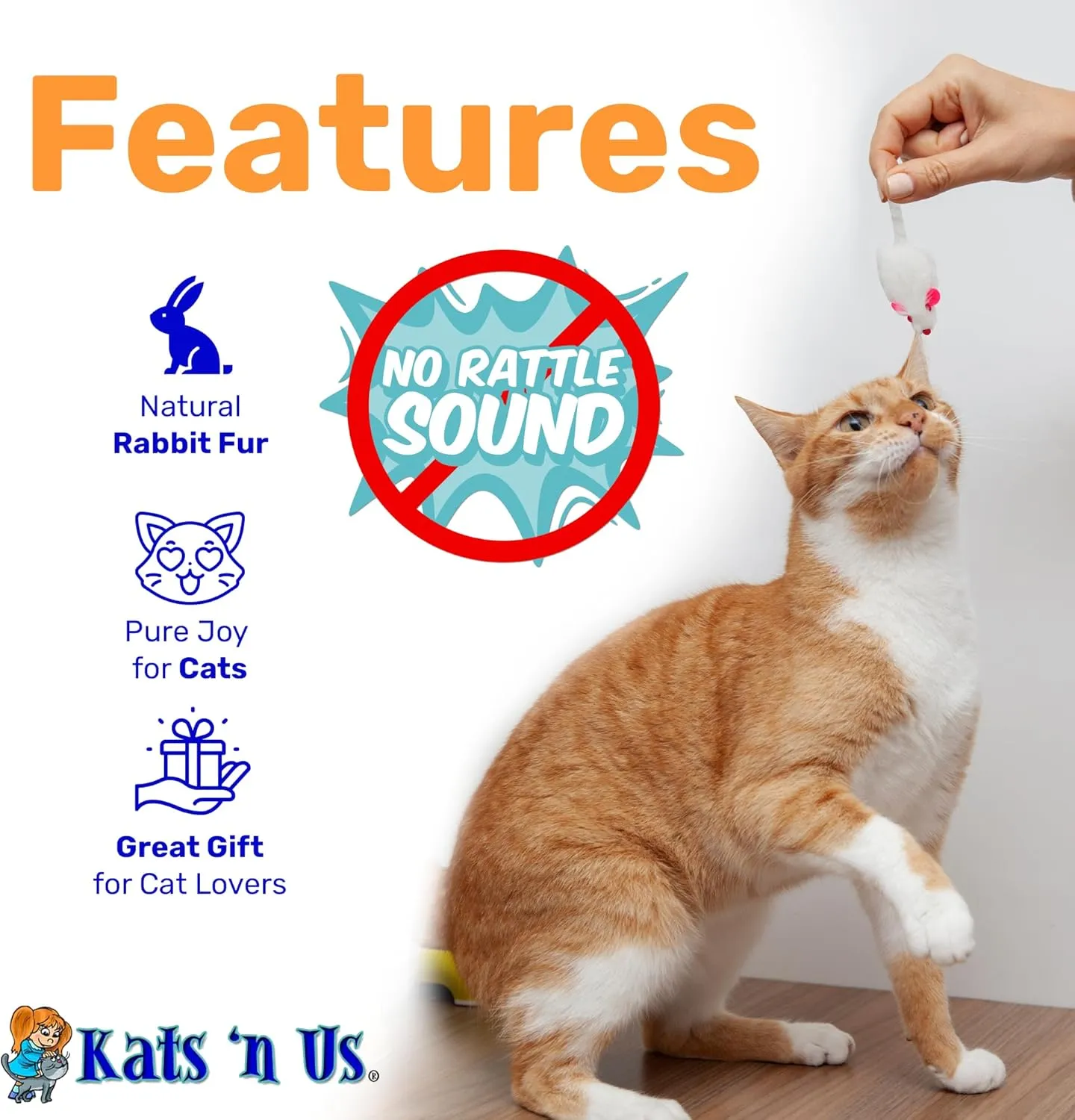 Kats'N Us Real Rabbit Fur White Mouse Cat Toy - NO Rattle Sound - Interactive Cat Toys, Real Fur Mice, 10 Pack White, NO Rattle
