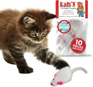 Kats'N Us Real Rabbit Fur White Mouse Cat Toy - NO Rattle Sound - Interactive Cat Toys, Real Fur Mice, 10 Pack White, NO Rattle