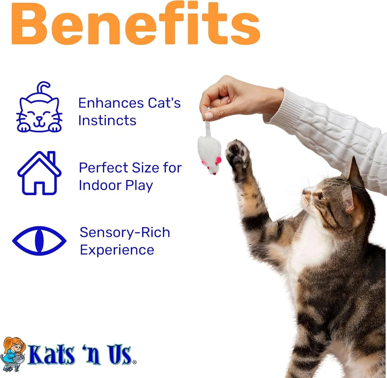 Kats'N Us Real Rabbit Fur White Mouse Cat Toy - NO Rattle Sound - Interactive Cat Toys, Real Fur Mice, 10 Pack White, NO Rattle
