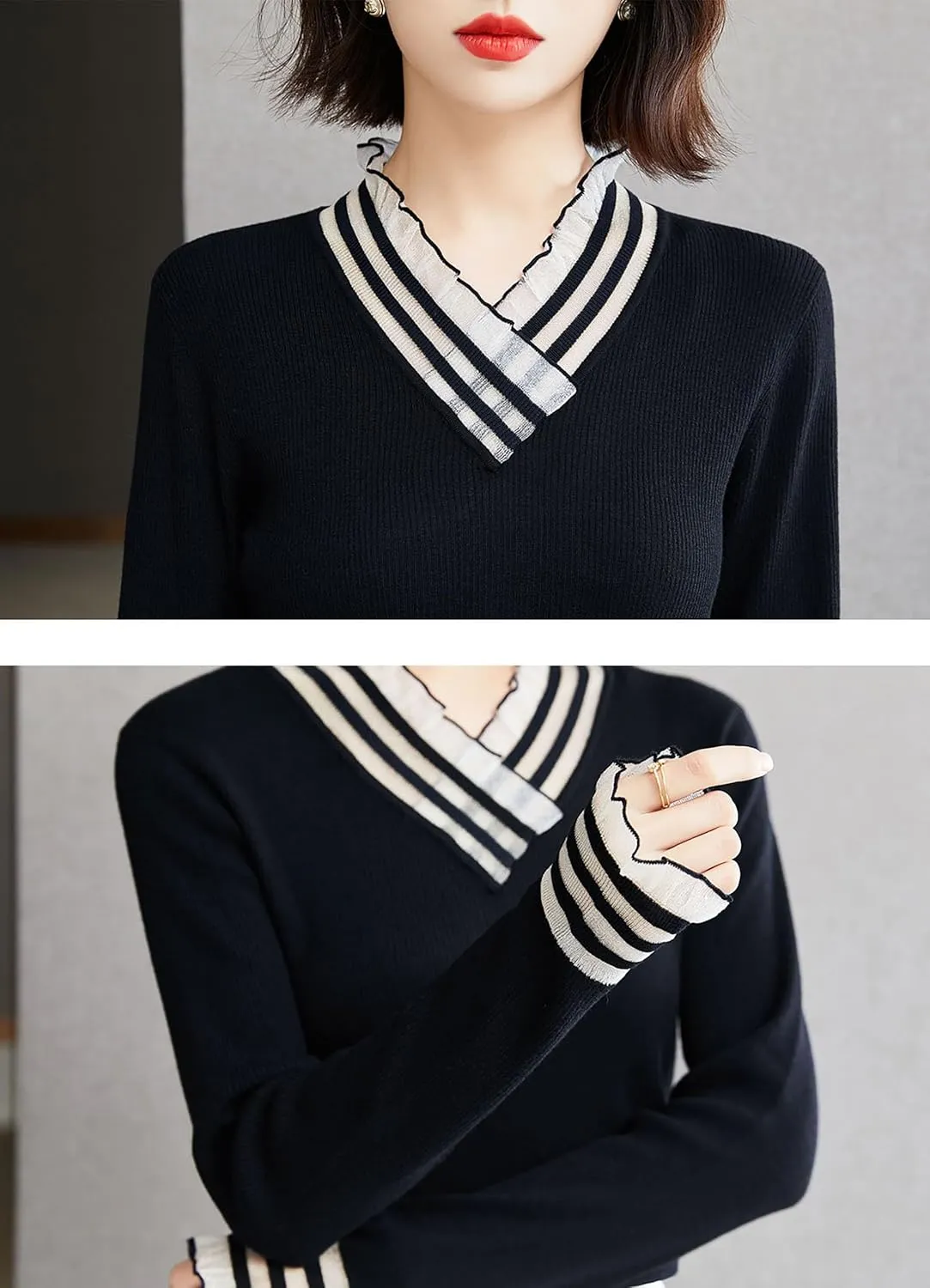 LAI MENG FIVE CATS Women's Fall V Neck Knit Tops Long Sleeve Sweater Casual Pullover Shirts