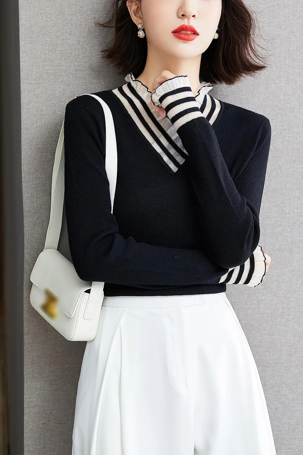 LAI MENG FIVE CATS Women's Fall V Neck Knit Tops Long Sleeve Sweater Casual Pullover Shirts