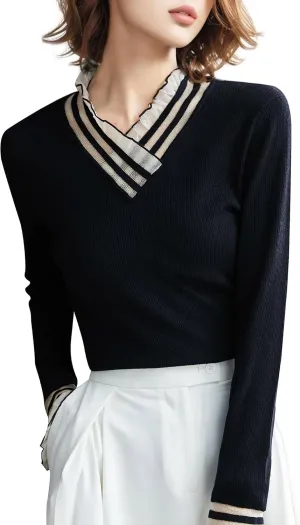 LAI MENG FIVE CATS Women's Fall V Neck Knit Tops Long Sleeve Sweater Casual Pullover Shirts