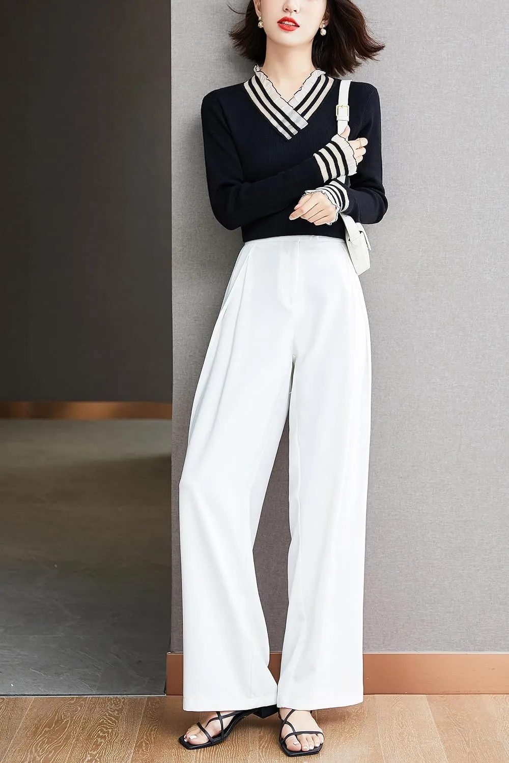 LAI MENG FIVE CATS Women's Fall V Neck Knit Tops Long Sleeve Sweater Casual Pullover Shirts