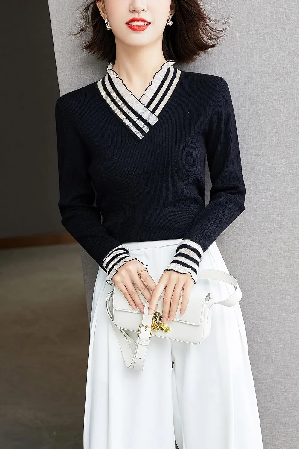 LAI MENG FIVE CATS Women's Fall V Neck Knit Tops Long Sleeve Sweater Casual Pullover Shirts