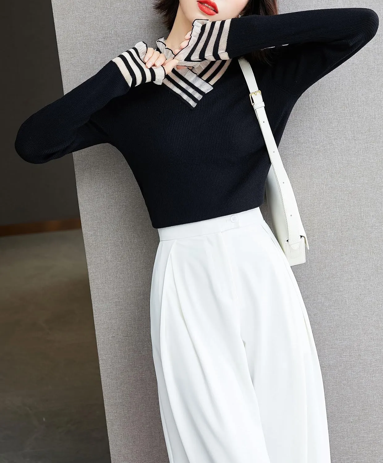 LAI MENG FIVE CATS Women's Fall V Neck Knit Tops Long Sleeve Sweater Casual Pullover Shirts