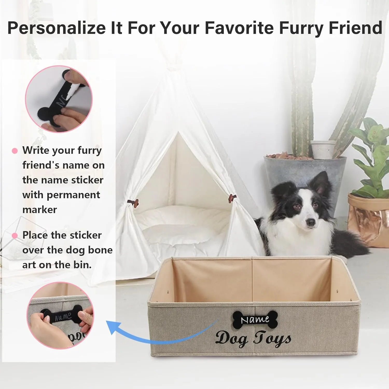 Large Dog Toy Basket Collapsible Dog Toy Box Fabric Trapezoid Dog Toy Bin Storage for organizing pet Toys/Blankets/leashes/Rope Toys/Clothing-Can be Personalized-KhakiStripe