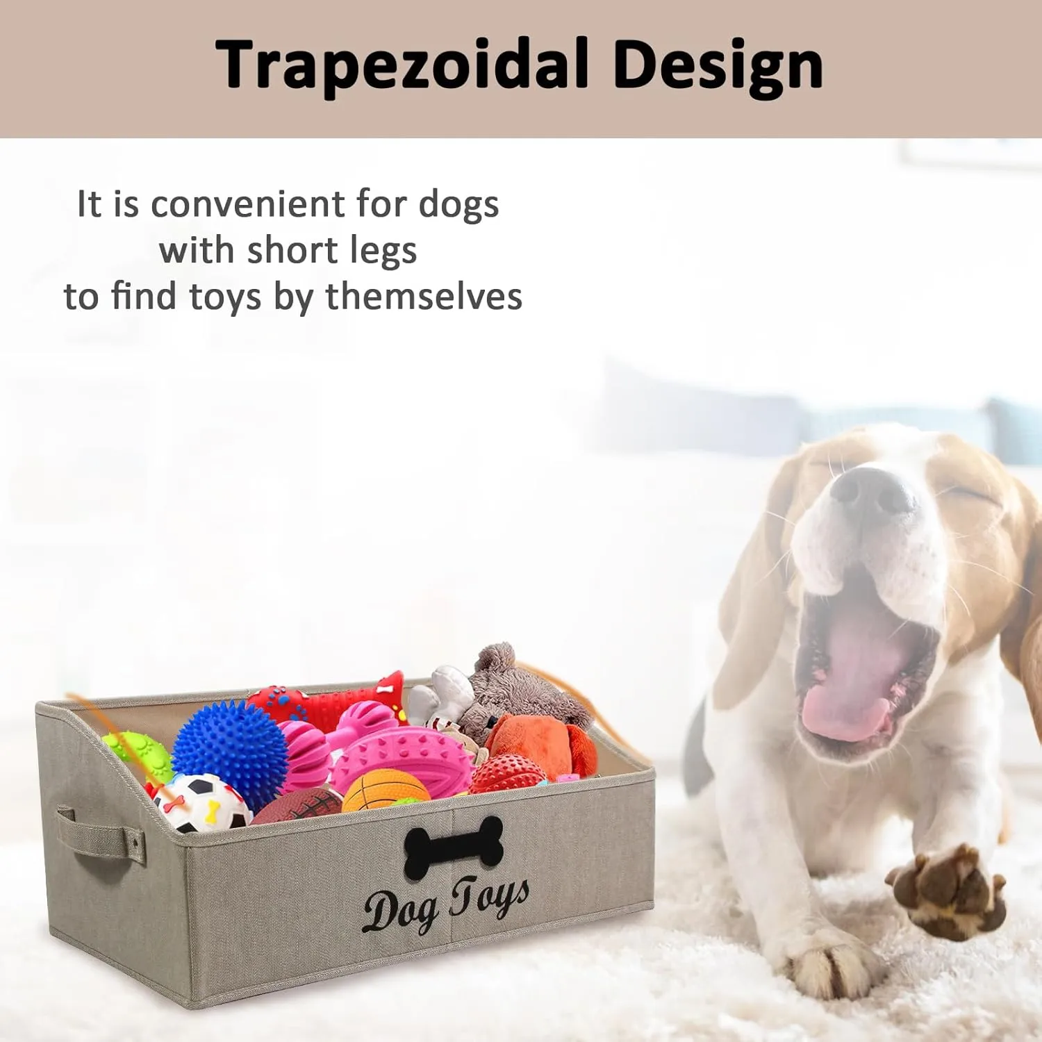 Large Dog Toy Basket Collapsible Dog Toy Box Fabric Trapezoid Dog Toy Bin Storage for organizing pet Toys/Blankets/leashes/Rope Toys/Clothing-Can be Personalized-KhakiStripe