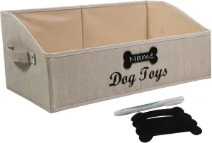 Large Dog Toy Basket Collapsible Dog Toy Box Fabric Trapezoid Dog Toy Bin Storage for organizing pet Toys/Blankets/leashes/Rope Toys/Clothing-Can be Personalized-KhakiStripe