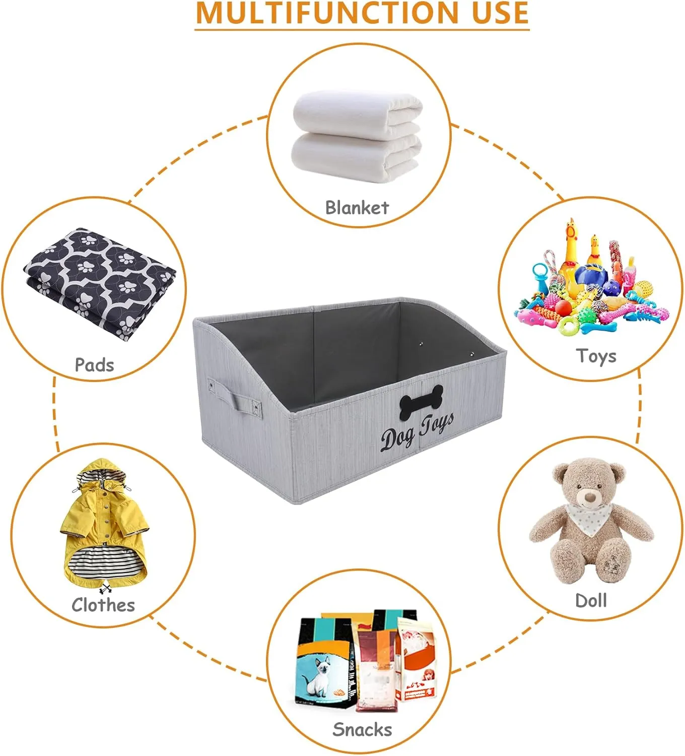 Large Dog Toy Basket Collapsible Dog Toy Box Fabric Trapezoid Dog Toy Bin Storage for organizing pet Toys/Blankets/leashes/Rope Toys/Clothing-Can be Personalized-Slub Gray