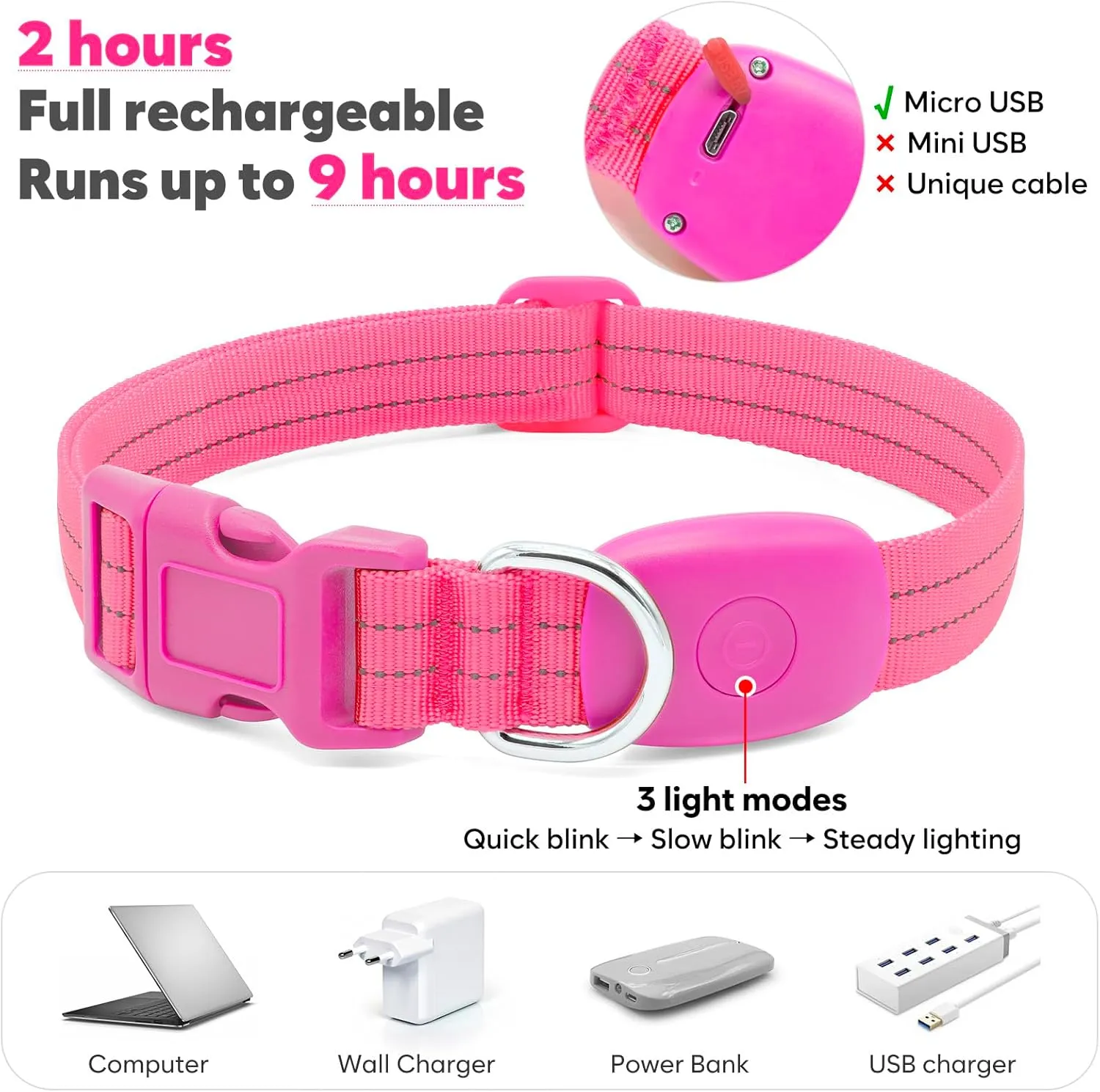 Light Up Dog Collars Rechargeable, Reflective LED Glow Dark Dog Collar for Small Medium Large Dogs, Adjustable Pet Dog Lights for Safe Night Walk-Pink, Large