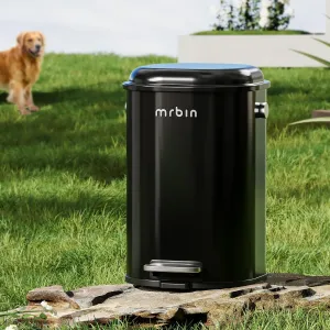Metal Dog Poop Trash Can Outside with Lid, 18L/5gal Round Pet Waste Basket with Stainless Steel Pedal and Plastic Inner Bucket, Step Touchless Garbage Pail for Outdoor Patio, Yard, Garage, Black