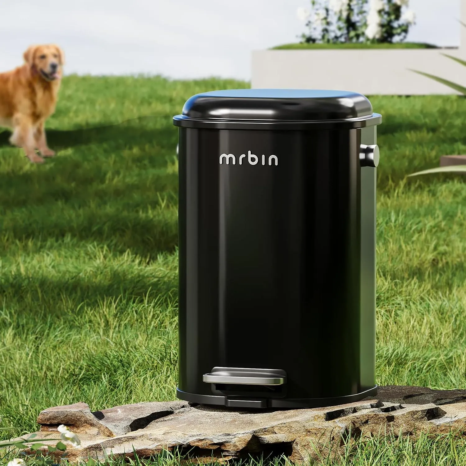 Metal Dog Poop Trash Can Outside with Lid, 18L/5gal Round Pet Waste Basket with Stainless Steel Pedal and Plastic Inner Bucket, Step Touchless Garbage Pail for Outdoor Patio, Yard, Garage, Black