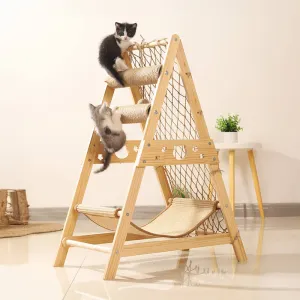 Modern Wooden Cat Tree Funny Scratching Post with Hammock Climbing Net