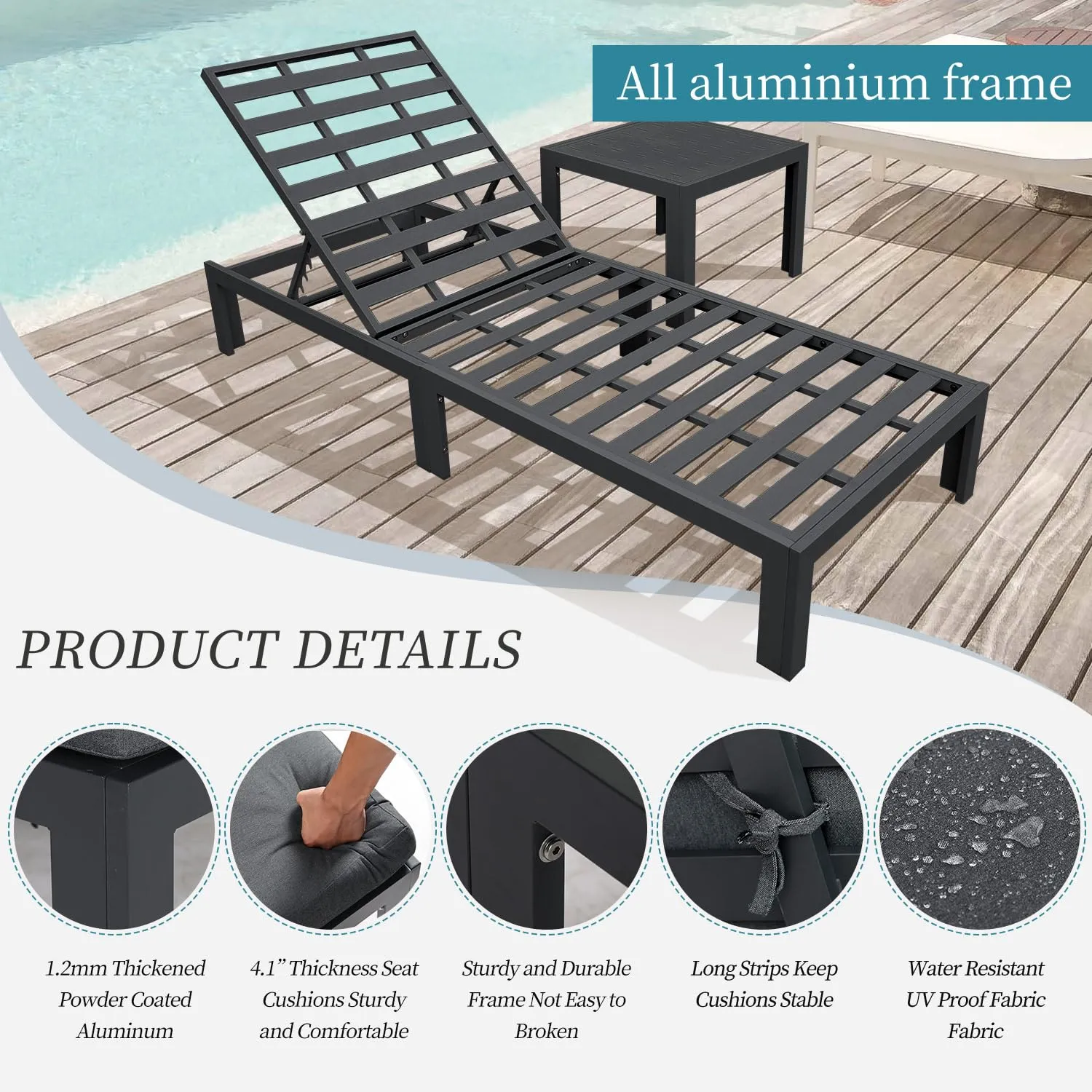 Patio Aluminum Chasie Lounge With Table For 2 Seat
