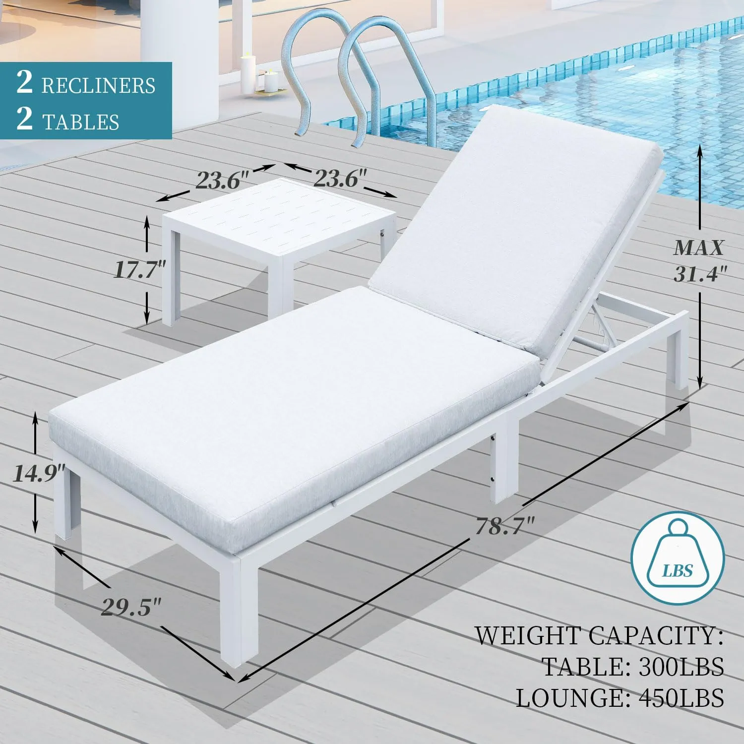 Patio Aluminum Chasie Lounge With Table For 2 Seat