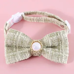 Pet Braided Plaid Vintage Pearl Bow tie Collar cat Dog Adjustable Anti-Choking Safety Breakaway Cats Collars (Green)