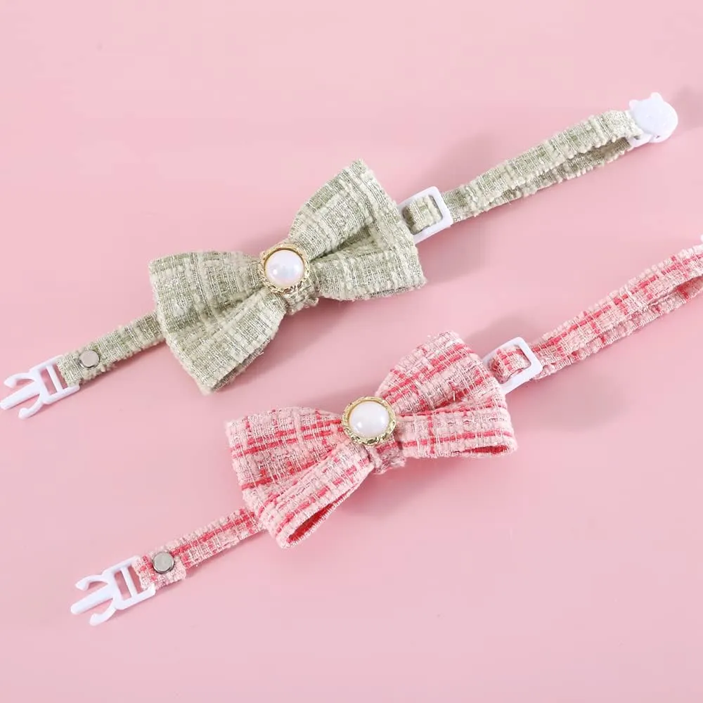 Pet Braided Plaid Vintage Pearl Bow tie Collar cat Dog Adjustable Anti-Choking Safety Breakaway Cats Collars (Green)