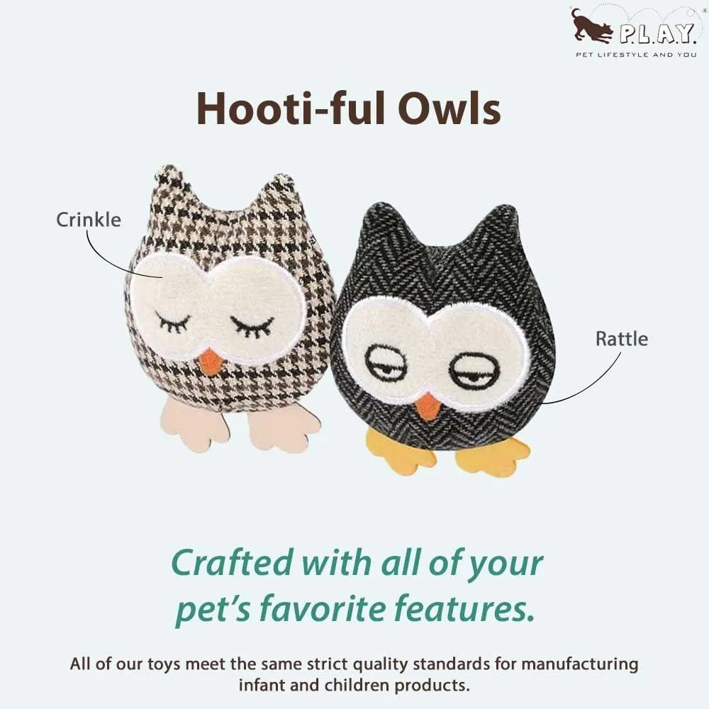 P.L.A.Y. Cute Cat Toys - Feline Frenzy Animal Critter Themed Catnip Filled Toy, Great for Adult Cats and Kittens - Machine Washable, Recycled Materials, Crinkles, Rattle (Hooti-Ful Owl, Set of 2)